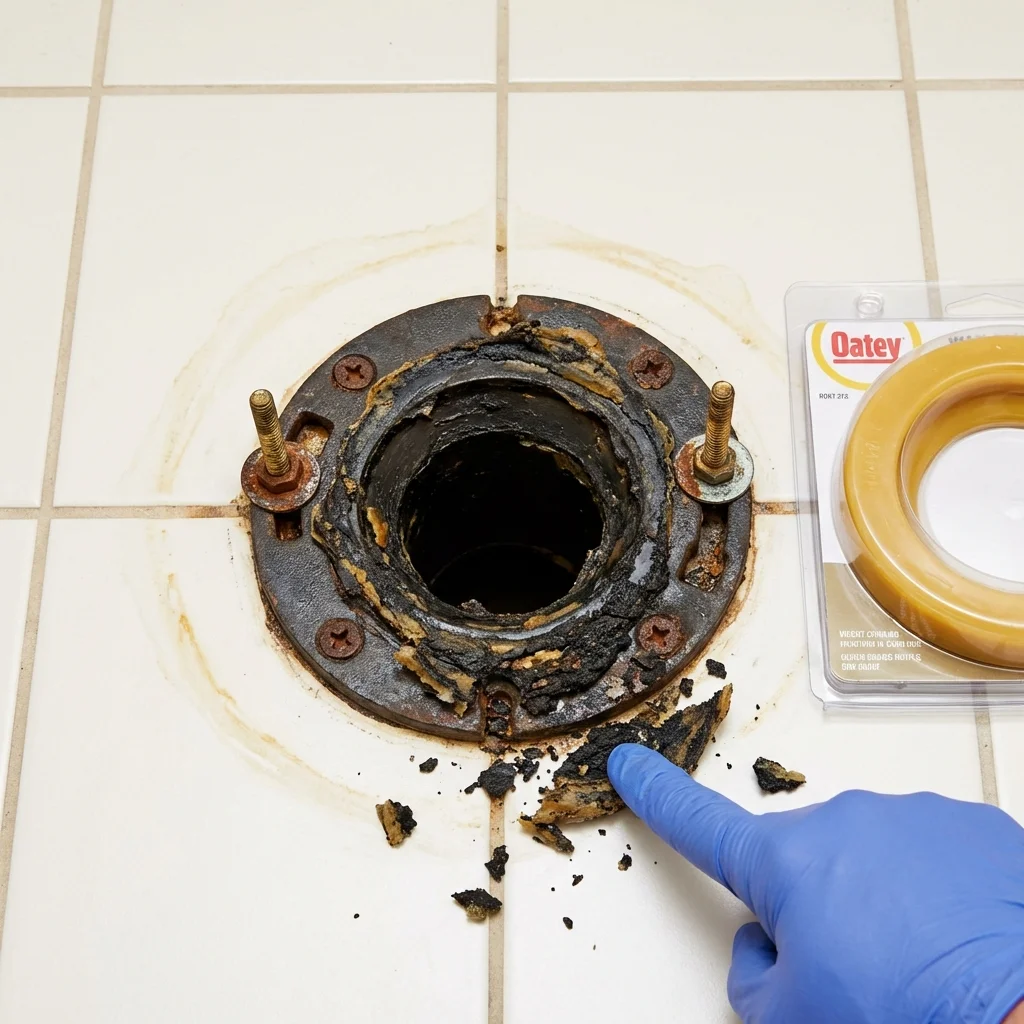 Failed wax ring showing water seepage at the base of a toilet in a Lancaster, MO home