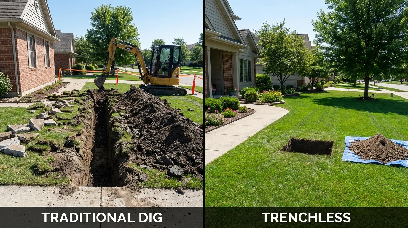 Trenchless sewer repair with minimal yard damage versus traditional excavation in Lancaster, MO
